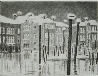 Camille COMBE : Soir de neige sur le Grand Canal, Gravure originale signée
