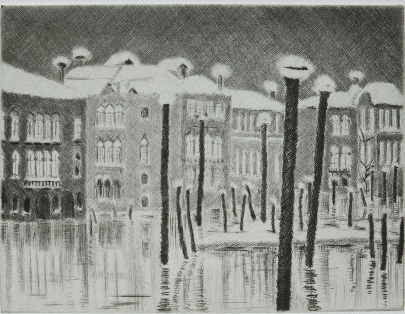 Camille COMBE : Soir de neige sur le Grand Canal, Gravure originale signée
