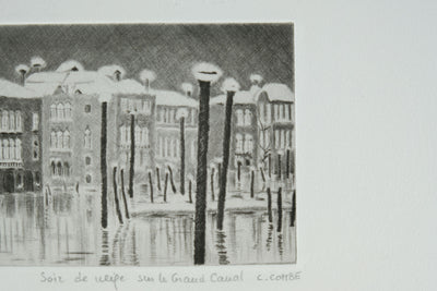 Camille COMBE : Soir de neige sur le Grand Canal, Gravure originale signée