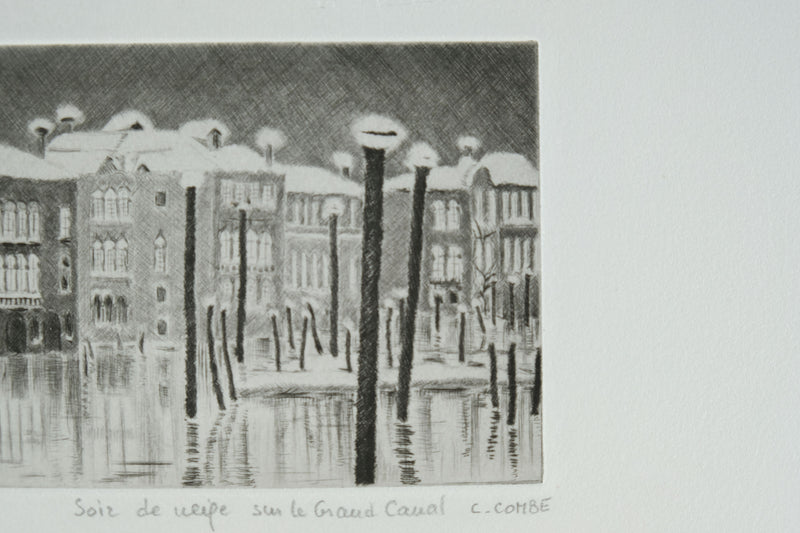 Camille COMBE : Soir de neige sur le Grand Canal, Gravure originale signée
