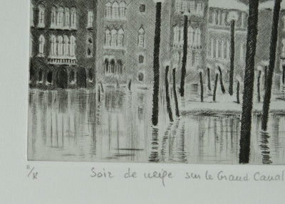 Camille COMBE : Soir de neige sur le Grand Canal, Gravure originale signée