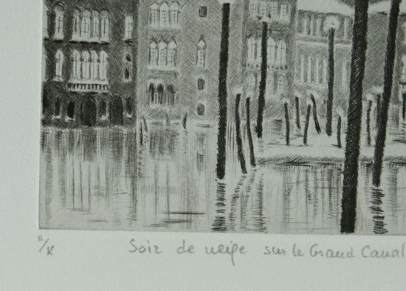 Camille COMBE : Soir de neige sur le Grand Canal, Gravure originale signée