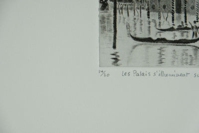 Camille COMBE : Venise, Les Palais s'illuminent sur le Grand Canal, Gravure originale signée