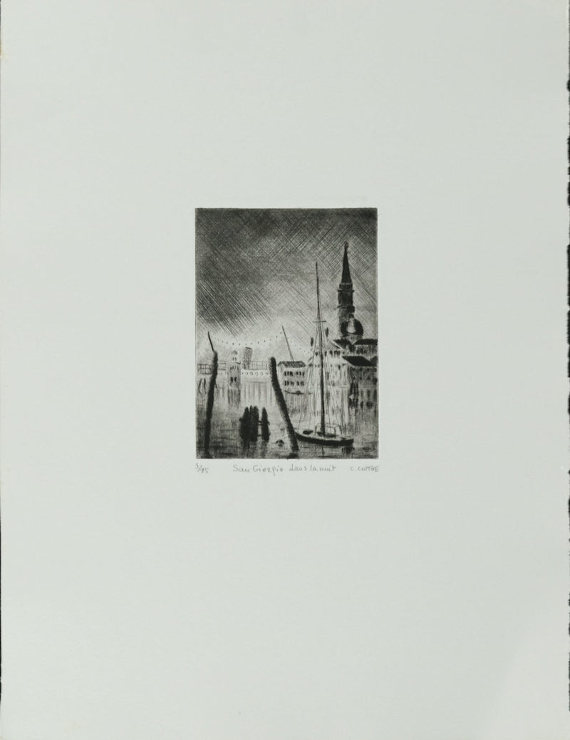 Camille COMBE : Venise, San Giorgio dans la nuit, Gravure originale signée