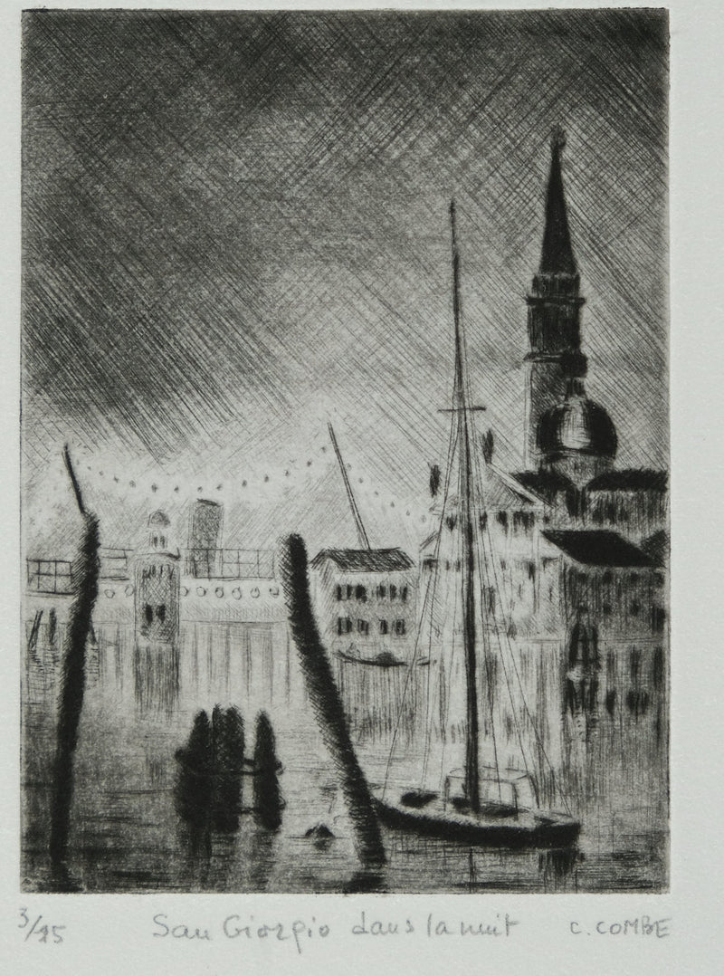 Camille COMBE : Venise, San Giorgio dans la nuit, Gravure originale signée