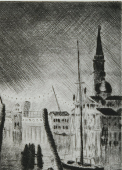 Camille COMBE : Venise, San Giorgio dans la nuit, Gravure originale signée