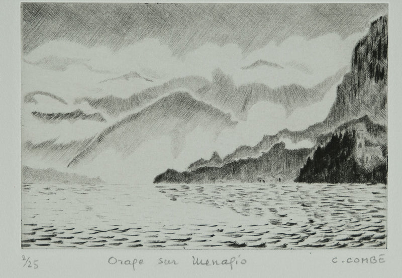 Camille COMBE : Orage sur Menaggio, Gravure originale signée