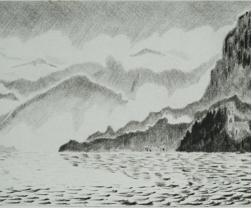Camille COMBE : Orage sur Menaggio, Gravure originale signée