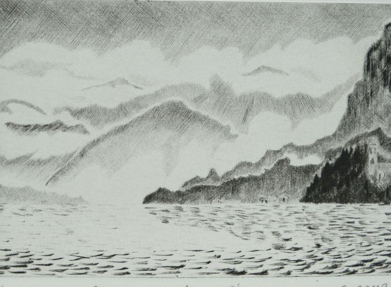 Camille COMBE : Orage sur Menaggio, Gravure originale signée