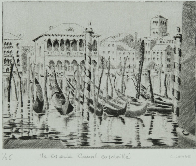 Camille COMBE : Venise, Le Grand Canal ensoleillé, Gravure originale signée
