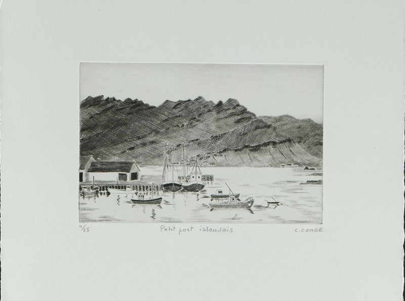 Camille COMBE : Petit port islandais, Gravure originale signée