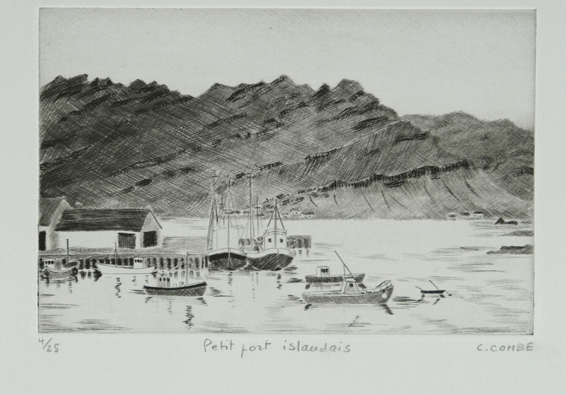 Camille COMBE : Petit port islandais, Gravure originale signée