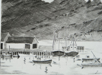 Camille COMBE : Petit port islandais, Gravure originale signée
