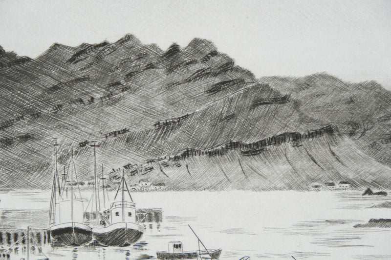Camille COMBE : Petit port islandais, Gravure originale signée