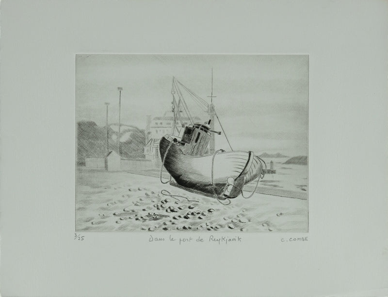 Camille COMBE : Dans le port de Reykjavik, Gravure originale signée