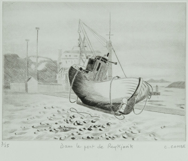 Camille COMBE : Dans le port de Reykjavik, Gravure originale signée
