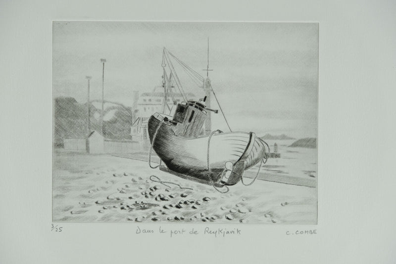 Camille COMBE : Dans le port de Reykjavik, Gravure originale signée