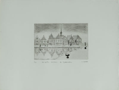 Camille COMBE : Les petites maisons de Spaarndam, Gravure originale signée