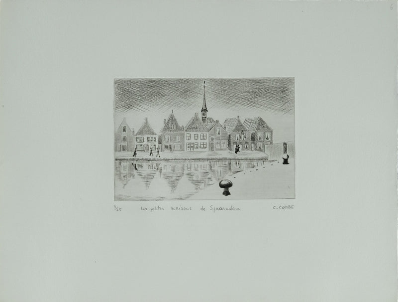 Camille COMBE : Les petites maisons de Spaarndam, Gravure originale signée