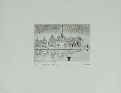 Camille COMBE : Les petites maisons de Spaarndam, Gravure originale signée
