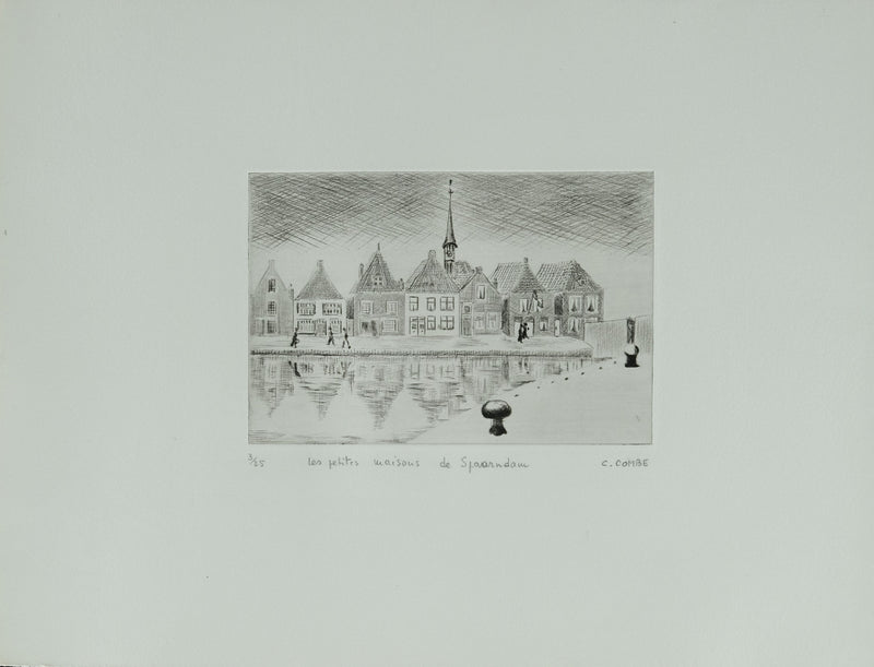 Camille COMBE : Les petites maisons de Spaarndam, Gravure originale signée