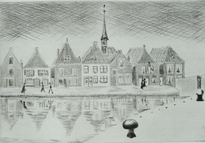 Camille COMBE : Les petites maisons de Spaarndam, Gravure originale signée