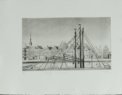 Camille COMBE : Harlingen, le Noorderhaven, Gravure originale signée
