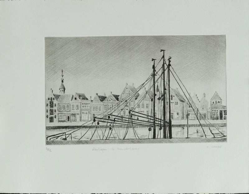 Camille COMBE : Harlingen, le Noorderhaven, Gravure originale signée