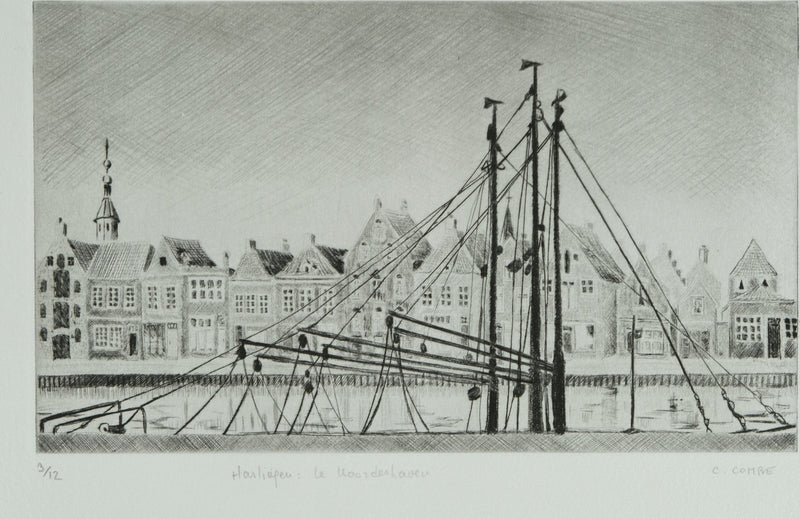 Camille COMBE : Harlingen, le Noorderhaven, Gravure originale signée