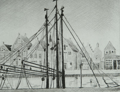 Camille COMBE : Harlingen, le Noorderhaven, Gravure originale signée