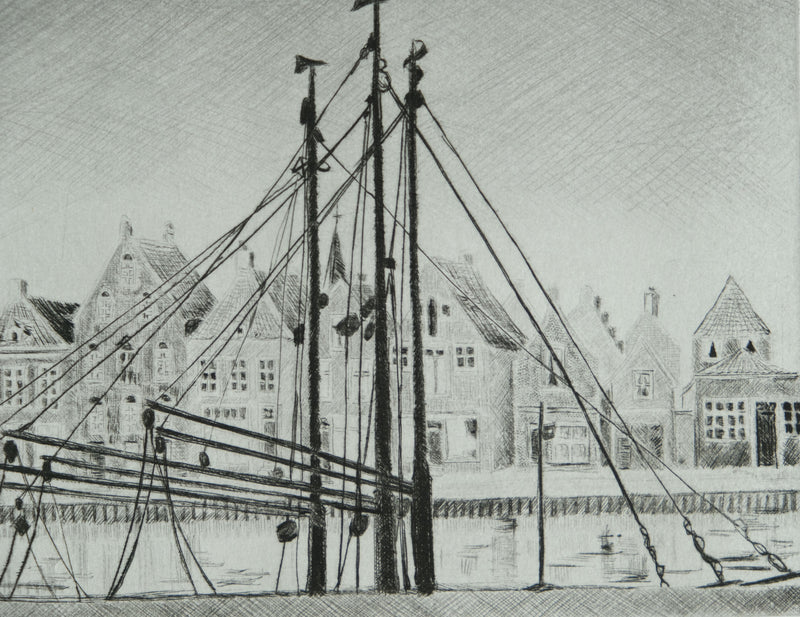 Camille COMBE : Harlingen, le Noorderhaven, Gravure originale signée