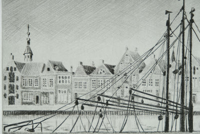 Camille COMBE : Harlingen, le Noorderhaven, Gravure originale signée