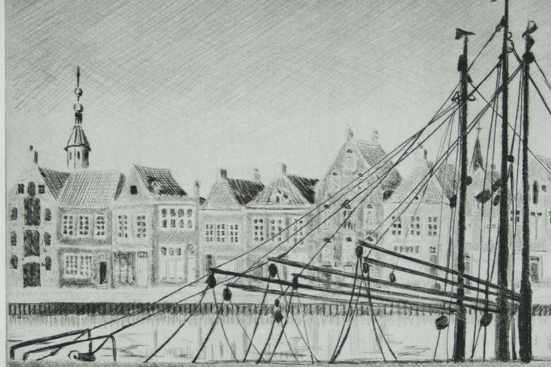 Camille COMBE : Harlingen, le Noorderhaven, Gravure originale signée