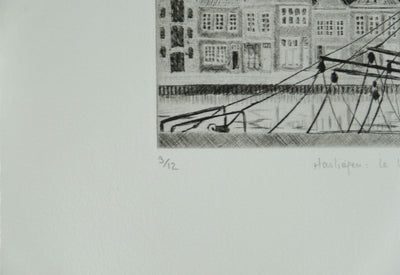 Camille COMBE : Harlingen, le Noorderhaven, Gravure originale signée