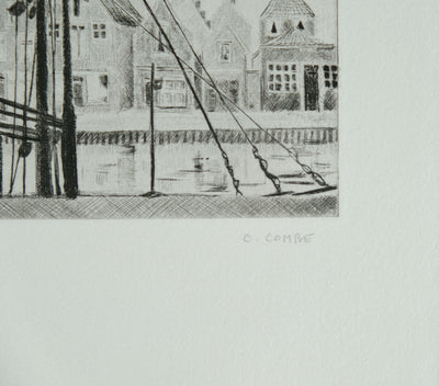 Camille COMBE : Harlingen, le Noorderhaven, Gravure originale signée