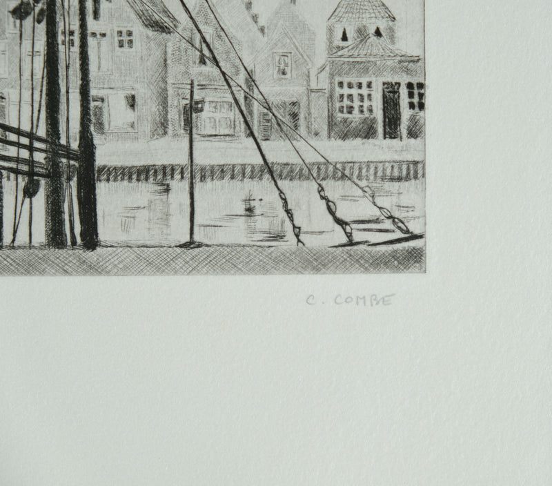 Camille COMBE : Harlingen, le Noorderhaven, Gravure originale signée
