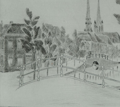 Camille COMBE : Delft, en revenant de l'Oostpoort, Gravure originale signée