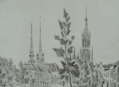 Camille COMBE : Delft, en revenant de l'Oostpoort, Gravure originale signée