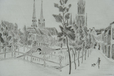 Camille COMBE : Delft, en revenant de l'Oostpoort, Gravure originale signée