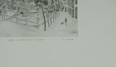 Camille COMBE : Delft, en revenant de l'Oostpoort, Gravure originale signée