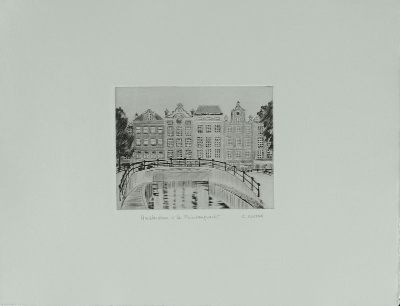 Camille COMBE : Amsterdam, Le Prinsengracht, Gravure originale signée