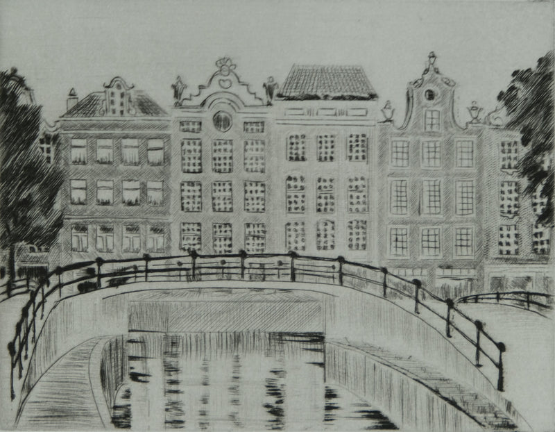 Camille COMBE : Amsterdam, Le Prinsengracht, Gravure originale signée