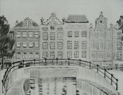 Camille COMBE : Amsterdam, Le Prinsengracht, Gravure originale signée