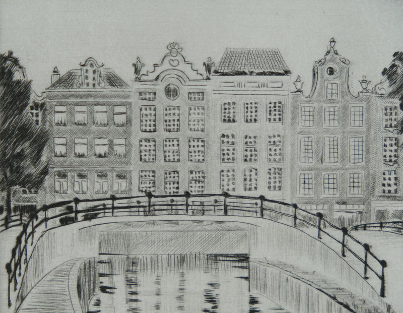 Camille COMBE : Amsterdam, Le Prinsengracht, Gravure originale signée