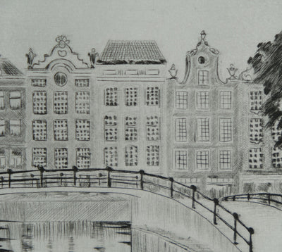 Camille COMBE : Amsterdam, Le Prinsengracht, Gravure originale signée