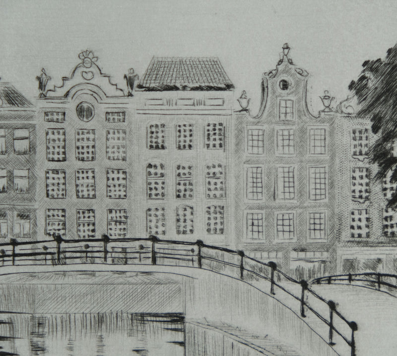 Camille COMBE : Amsterdam, Le Prinsengracht, Gravure originale signée