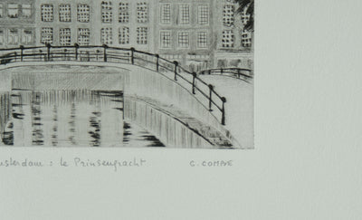Camille COMBE : Amsterdam, Le Prinsengracht, Gravure originale signée