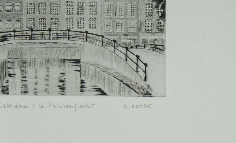 Camille COMBE : Amsterdam, Le Prinsengracht, Gravure originale signée