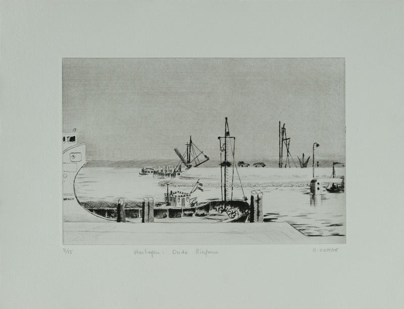 Camille COMBE : Harlingen, à quai, Gravure originale signée
