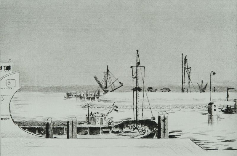 Camille COMBE : Harlingen, à quai, Gravure originale signée